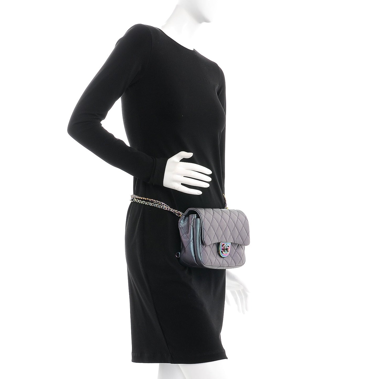 Iridescent Goatskin Quilted Small Double Carry Waist Chain Flap Purple