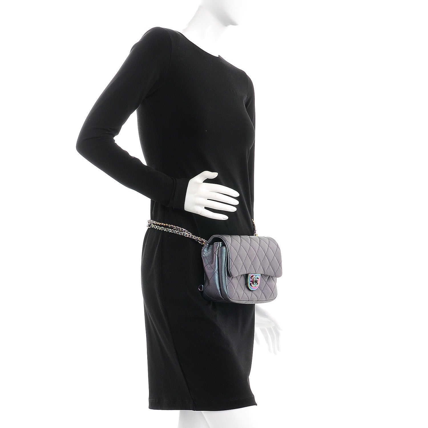 Chanel Iridescent Goatskin Quilted Small Double Carry Waist Chain Flap Purple 3 of 9