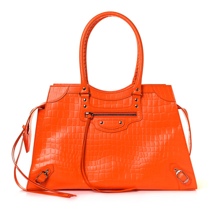 Balenciaga Semi Shiny Calfskin Crocodile Embossed Neo Classic Silver Hardware Large Top Handle Bag Orange 1 of 7