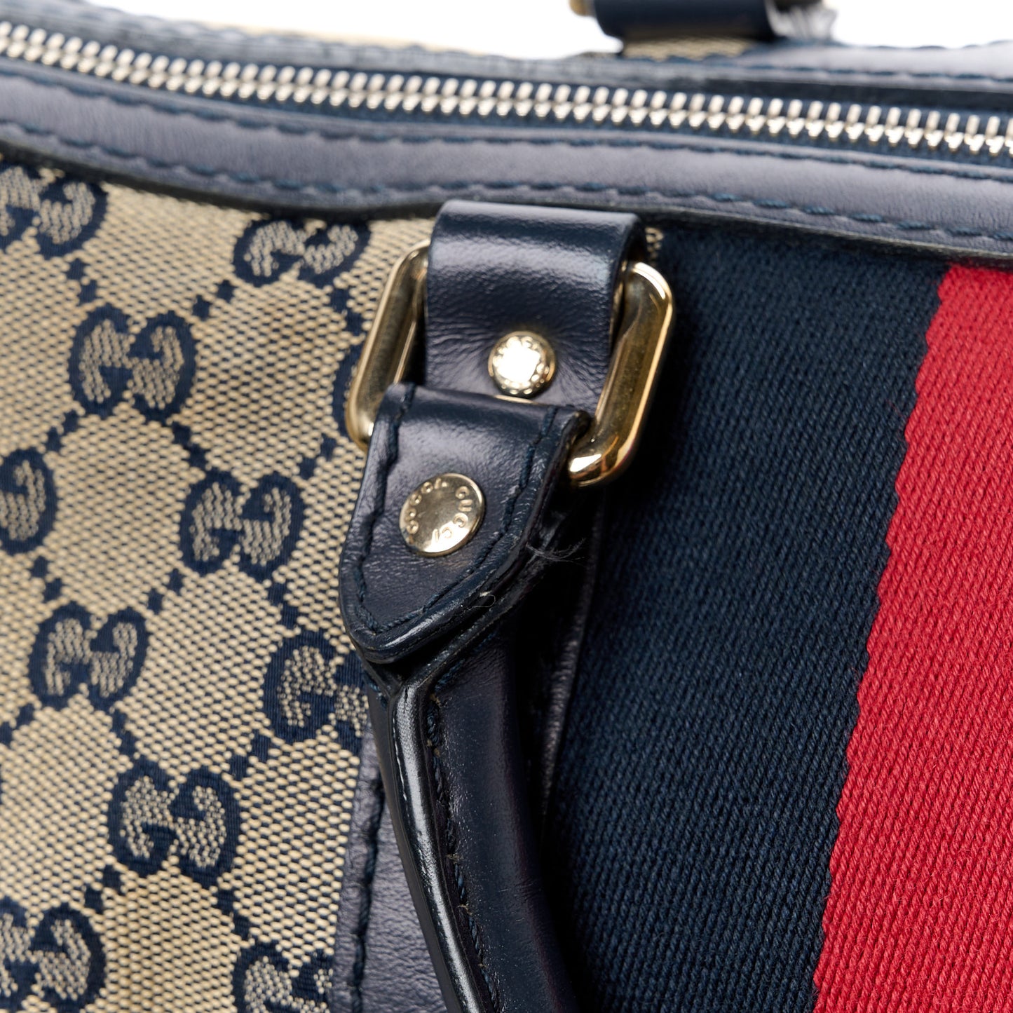 Monogram Selleria Calfskin Vintage Web Medium Boston Beige Blue