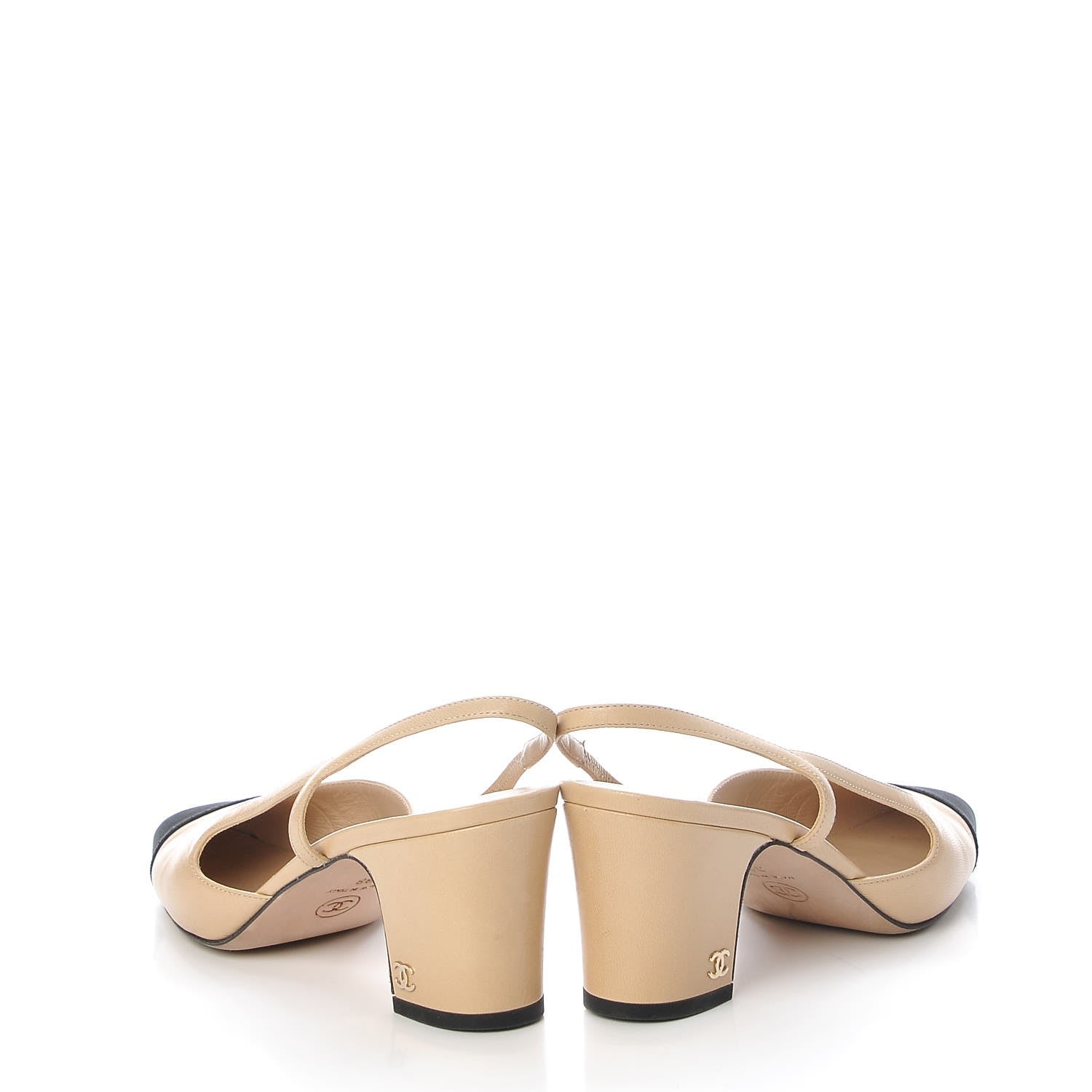 Chanel Goatskin Grosgrain Cap Toe CC Slingback Pumps 38 Beige Black 6 of 13