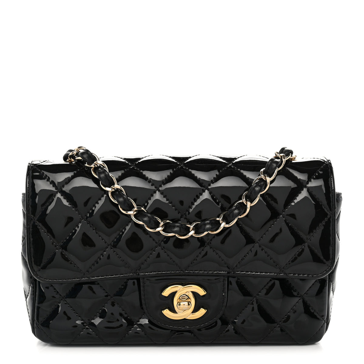 Patent Calfskin Quilted Mini Rectangular Flap Black
