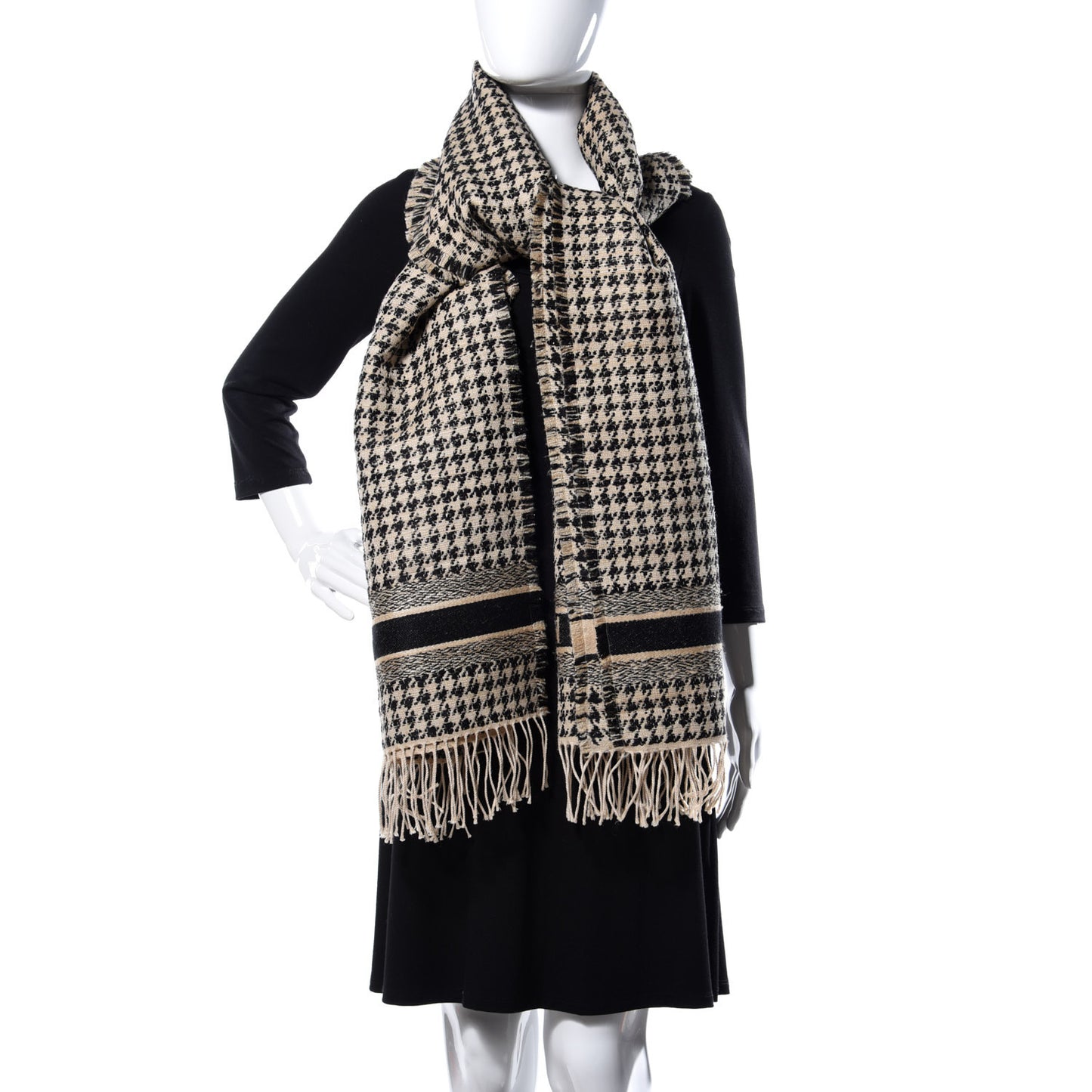 Wool Silk Houndstooth Fringe Scarf Beige Black