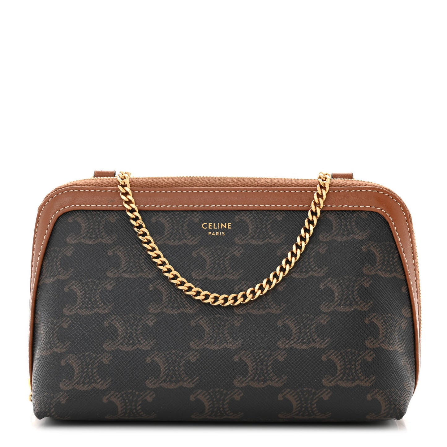 Triomphe Canvas Lambskin Clutch On Chain Tan