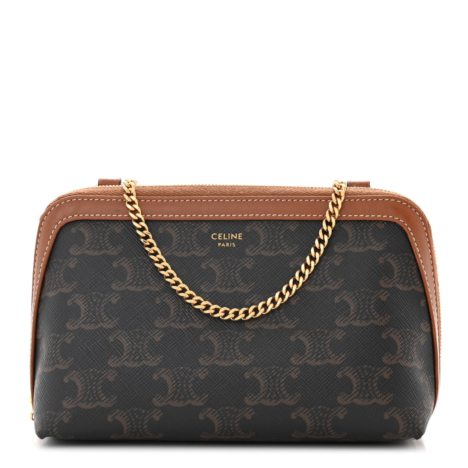 Celine Triomphe Canvas Lambskin Clutch On Chain Tan 1 of 11