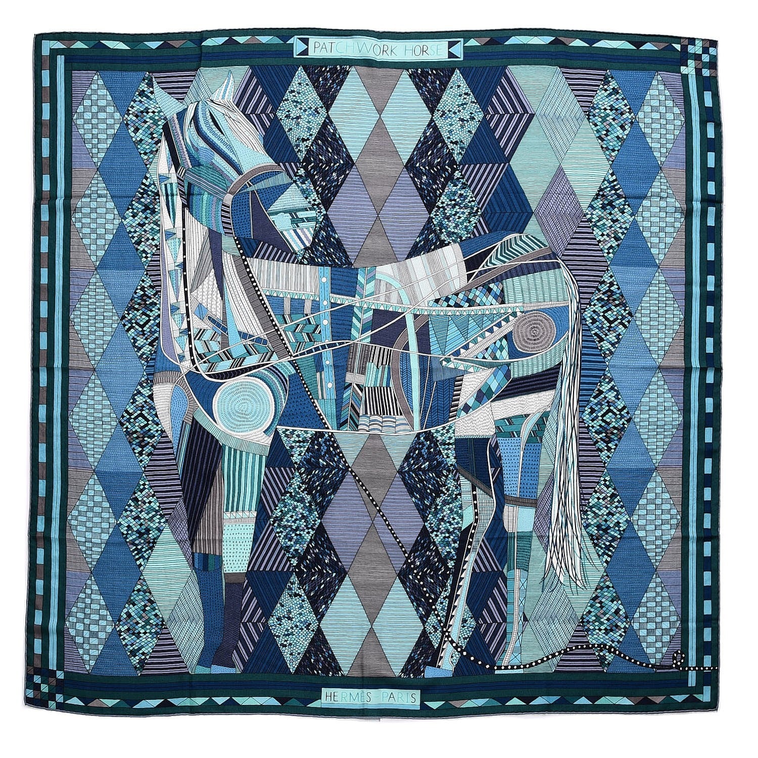 Hermes Cashmere Silk Patchwork Horse Shawl 140 Turquoise Vert Bleu 1 of 4
