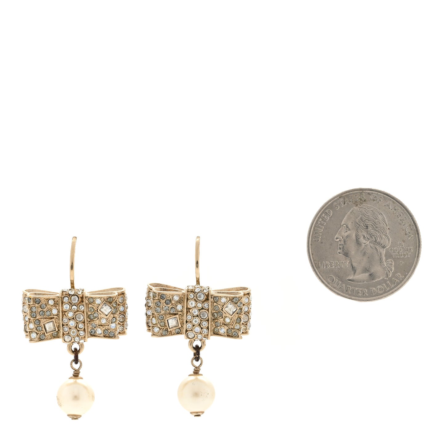 Metal Crystal Bow Pearl Earrings Gold