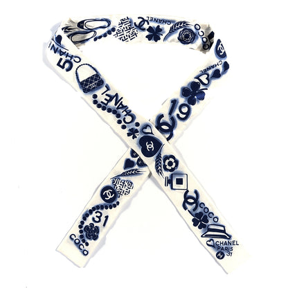Chanel Silk CC Slim Bandeau Scarf White Blue 2 of 6
