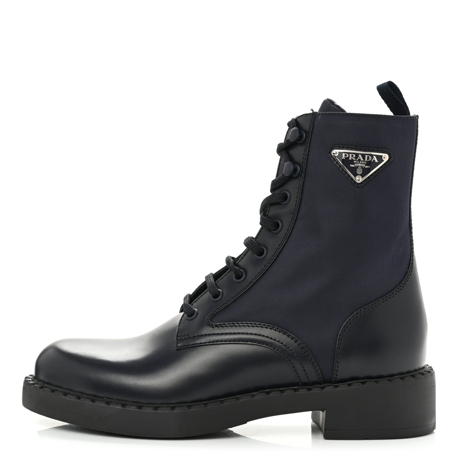 Prada Spazzolato Re-Nylon Metal Triangle Logo Womens 50mm Combat Boots 39.5 Bleu 1 of 10