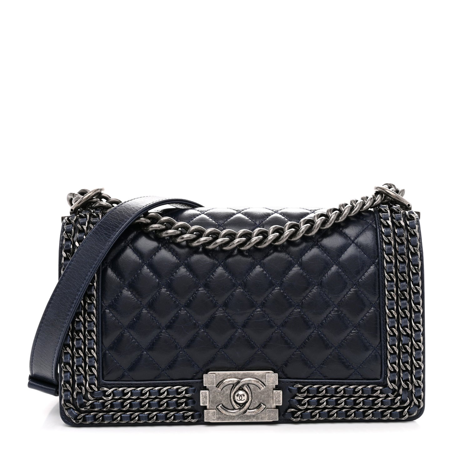 Glazed Calfskin Quilted Medium Boy Chained Flap Blue