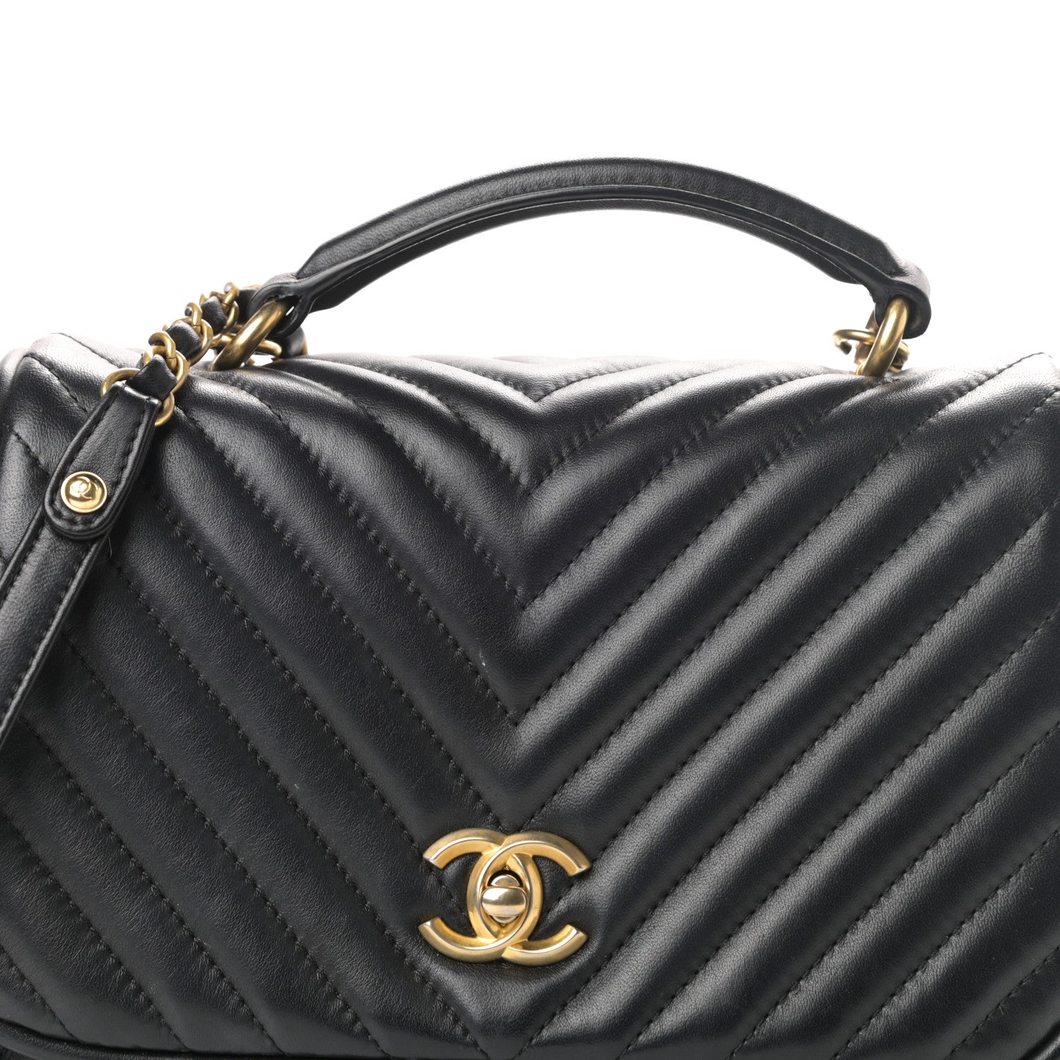 Chanel Lambskin Reverse Chevron Quilted Round Top Handle Flap Black 10 of 11