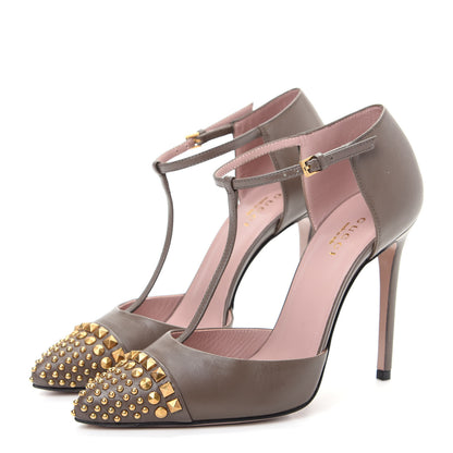 Gucci Malaga Kid Studded Cap Toe T Strap Pumps 36 Grey Field 3 of 10