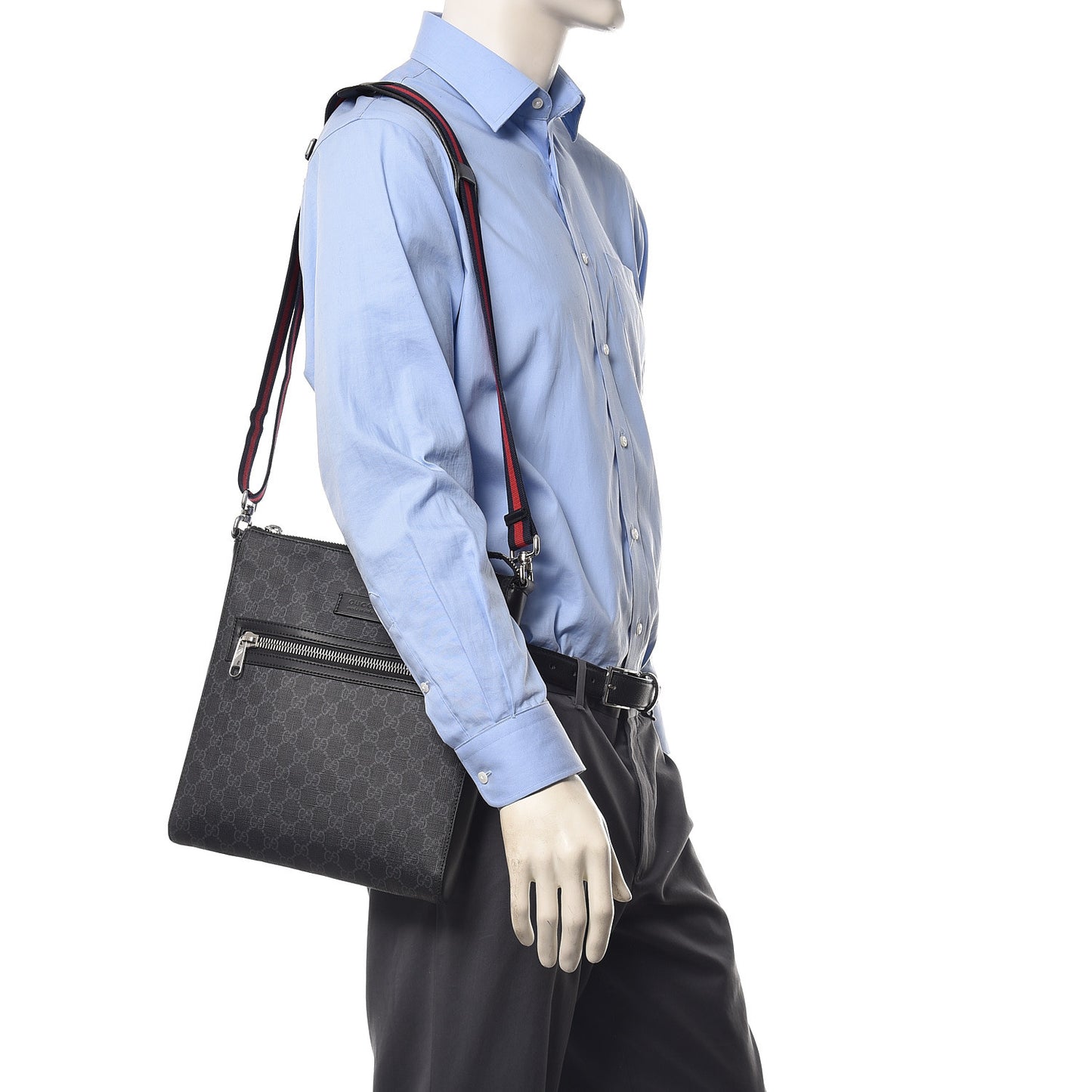 GG Supreme Monogram Appia Calfskin Web Flat Messenger Bag Black Grey