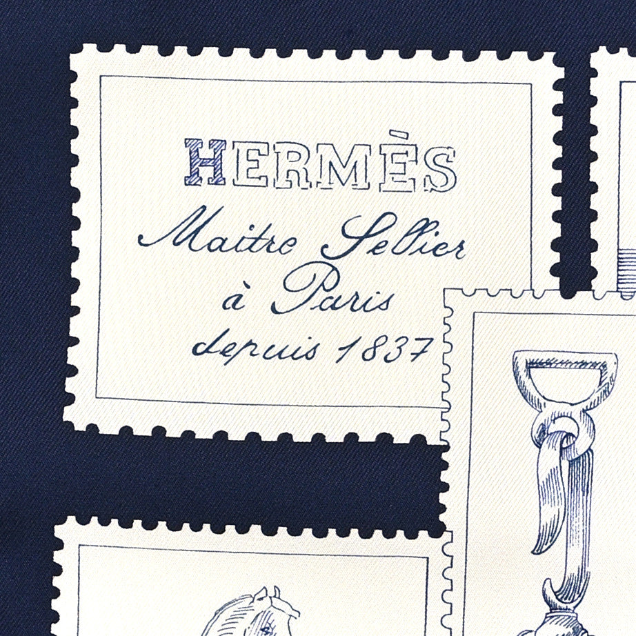 Hermes Silk Le Philateliste Du Faubourg Scarf 90 Marine White Indigo 2 of 5