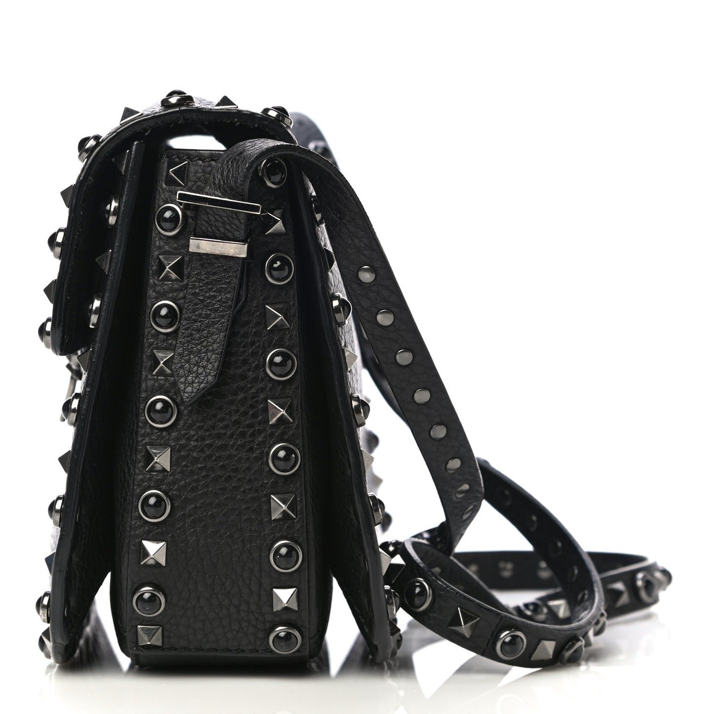Pebbled Calfskin Onyx Medium Rockstud Rolling Flap Saddle Bag Black