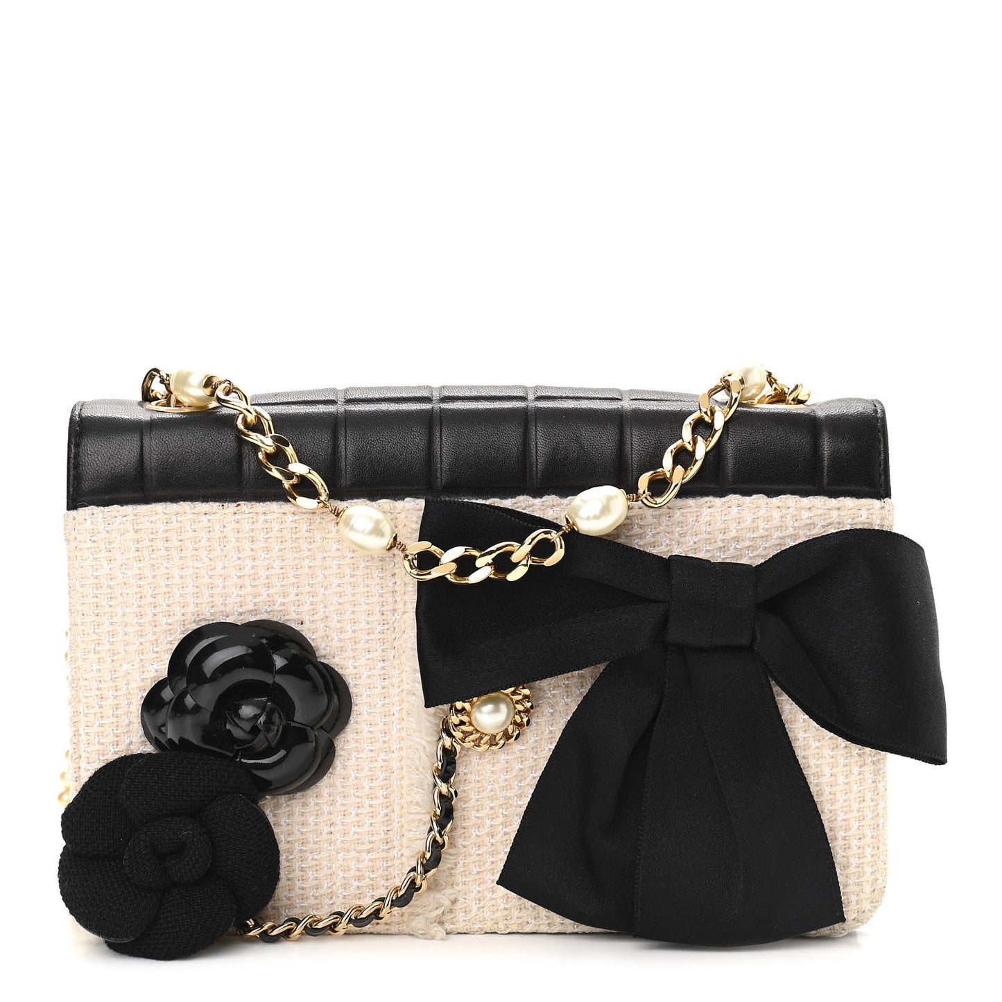 Tweed Jersey Lambskin Camellia Flap Chocolate Bar Pearl Chain Flap Black Beige