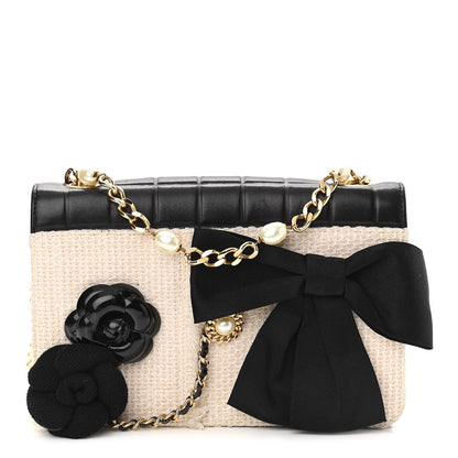 Chanel Tweed Jersey Lambskin Camellia Flap Chocolate Bar Pearl Chain Flap Black Beige 1 of 12