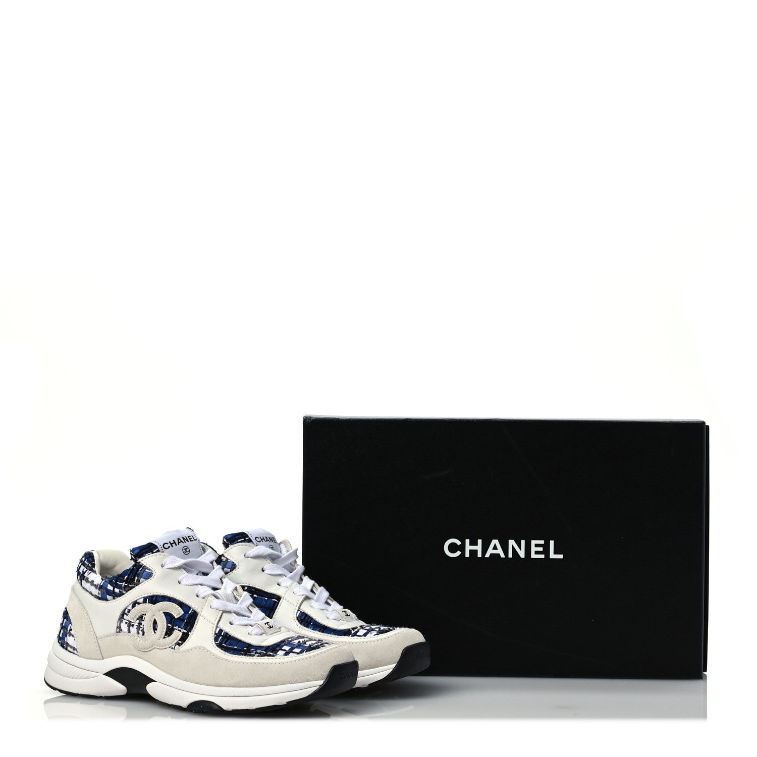 Chanel Tweed Suede Calfskin Womens CC Sneakers 38.5 Dark Blue Black Grey White 10 of 10