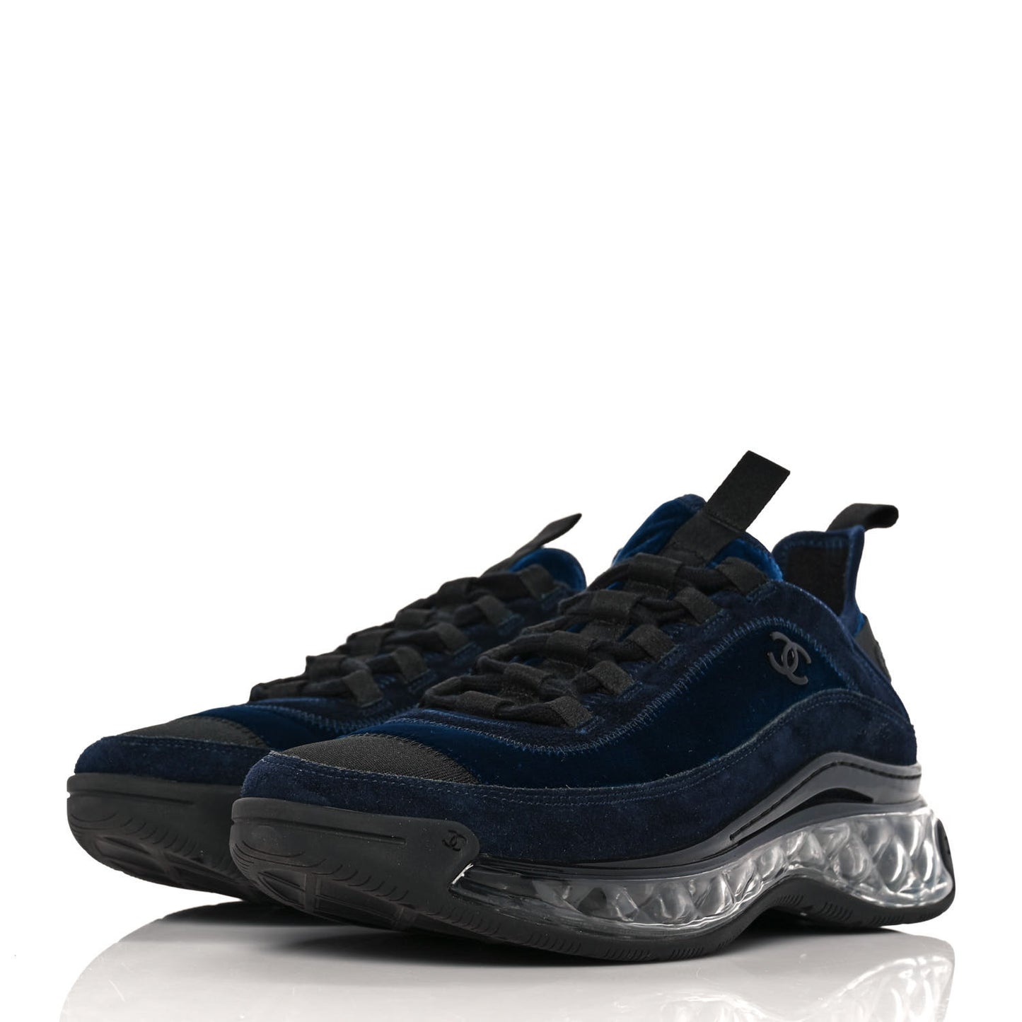 Suede Calfskin Velvet Grosgrain CC Sneakers 39.5 Navy Blue Black