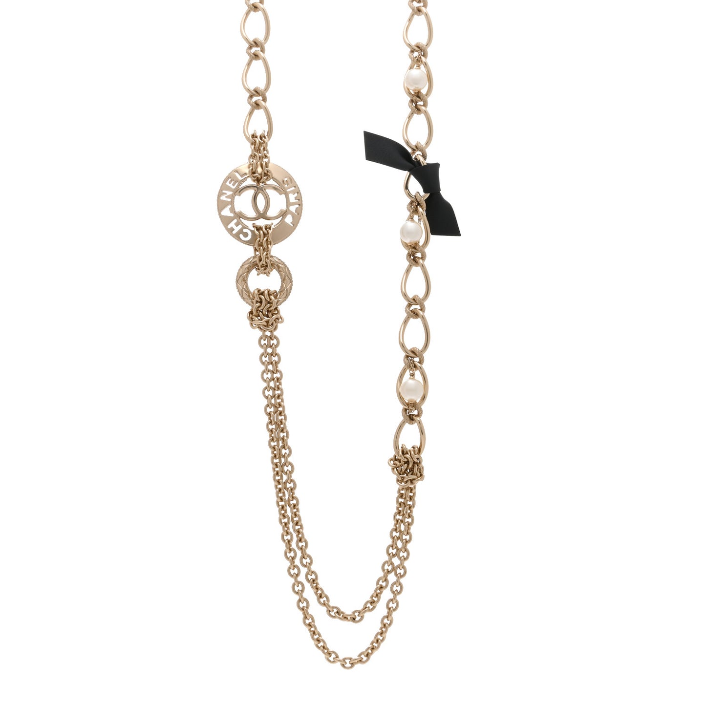 Metal Pearl Chain CC Paris Pendant Long Necklace Light Gold