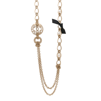 Chanel Metal Pearl Chain CC Paris Pendant Long Necklace Light Gold 1 of 5