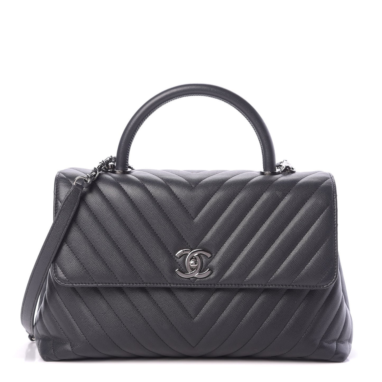 Caviar Chevron Quilted Medium Coco Handle Flap Dark Grey