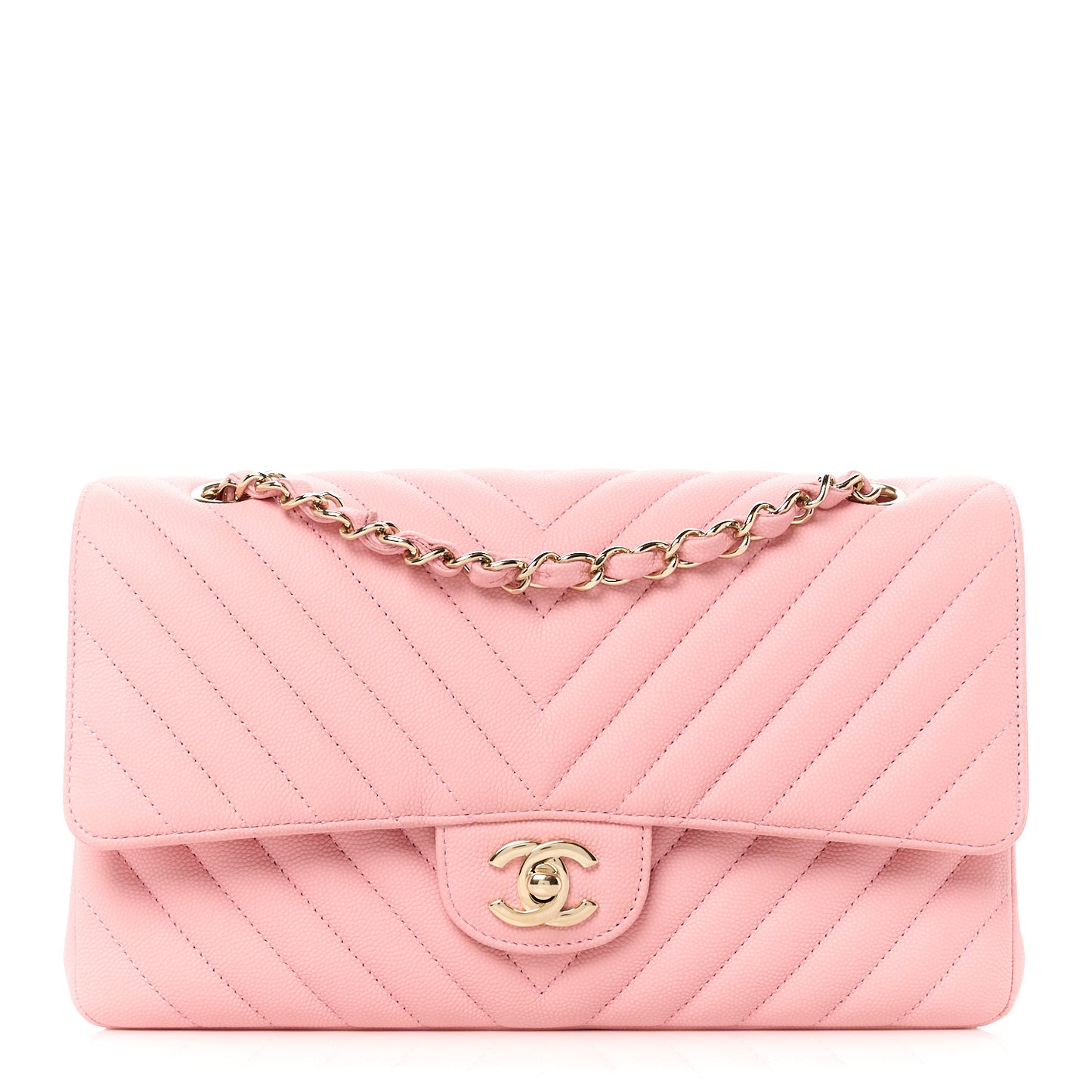 Caviar Flat Chevron Quilted Medium Double Flap Pink