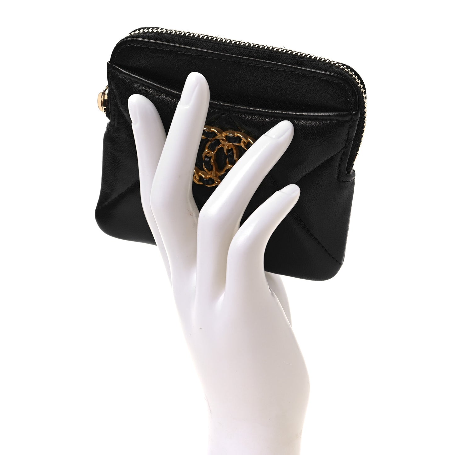 Lambskin Quilted Chanel 19 Zip Card Holder Wallet Black