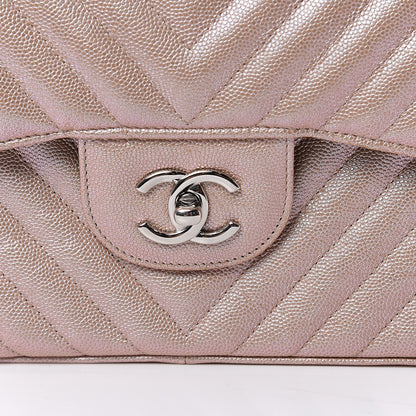 Chanel Metallic Caviar Chevron Quilted Jumbo Double Flap Light Gold 10 of 10