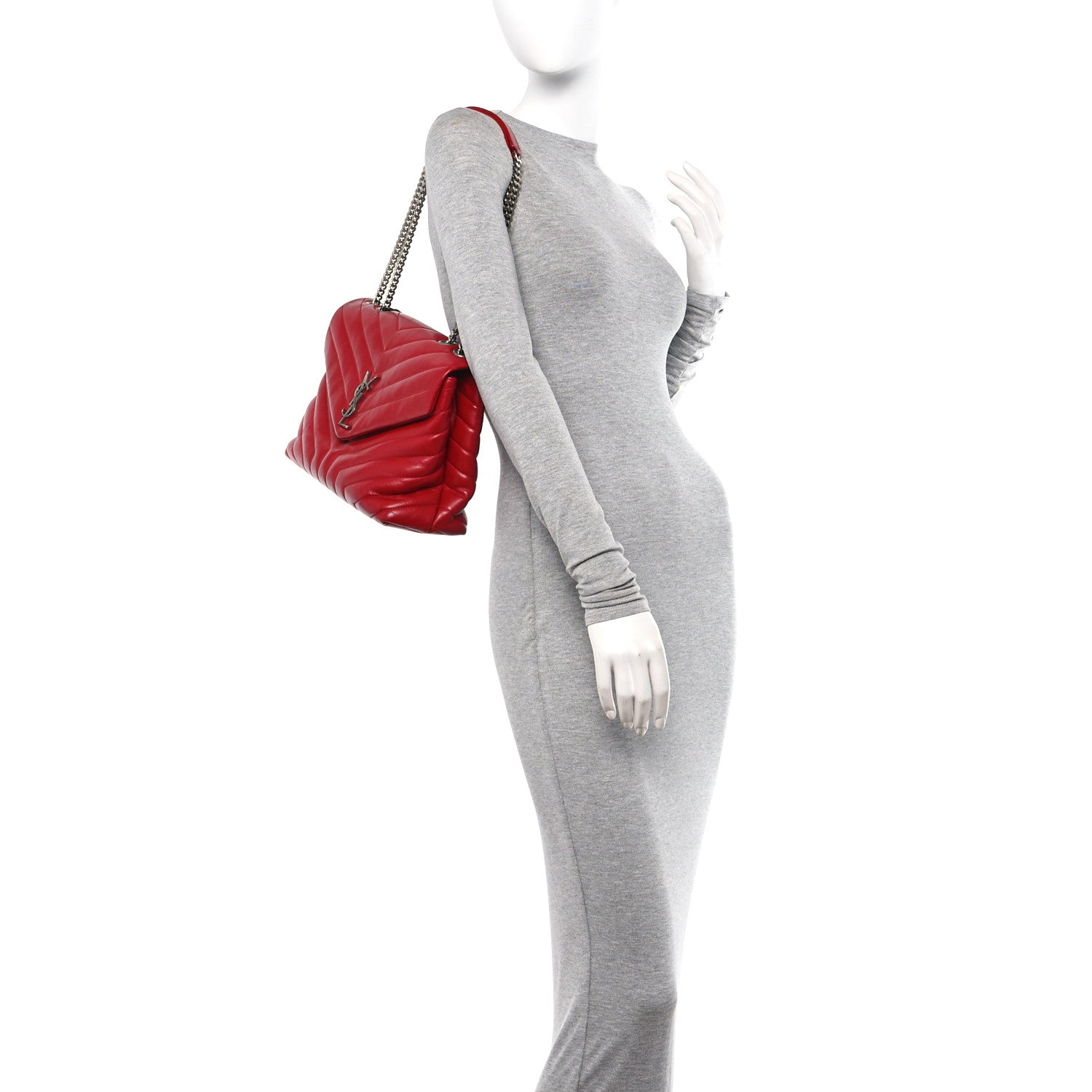 Saint Laurent Calfskin Y Quilted Monogram Medium Loulou Chain Satchel Lipstick Red 2 of 10