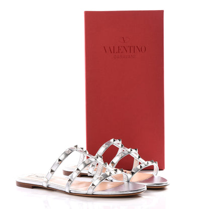 Valentino Garavani Metallic Nappa Rockstud Caged Flat Slide Sandals 39 Silver 9 of 9