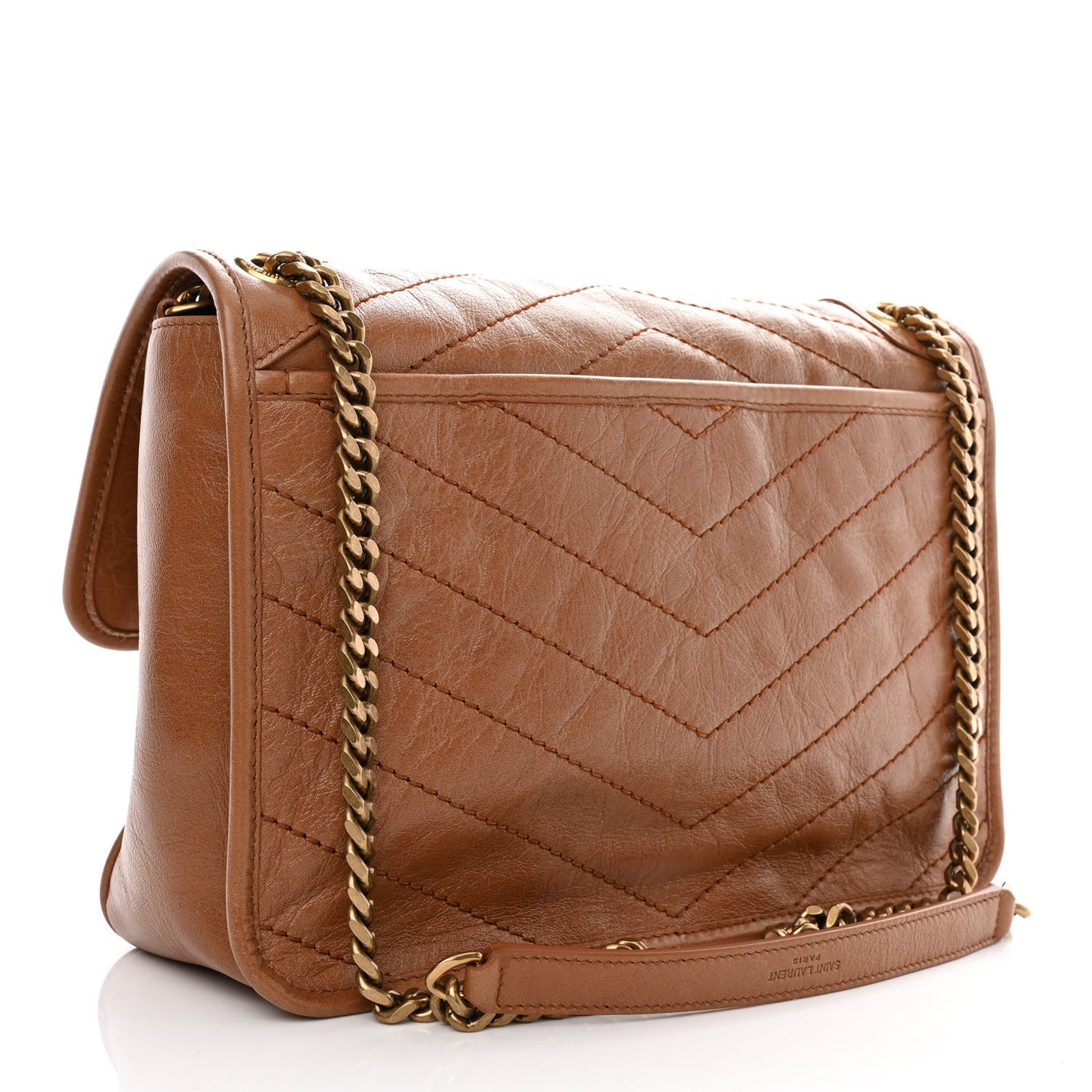 Crinkled Calfskin Matelasse Monogram Medium Niki Chain Satchel Caramel