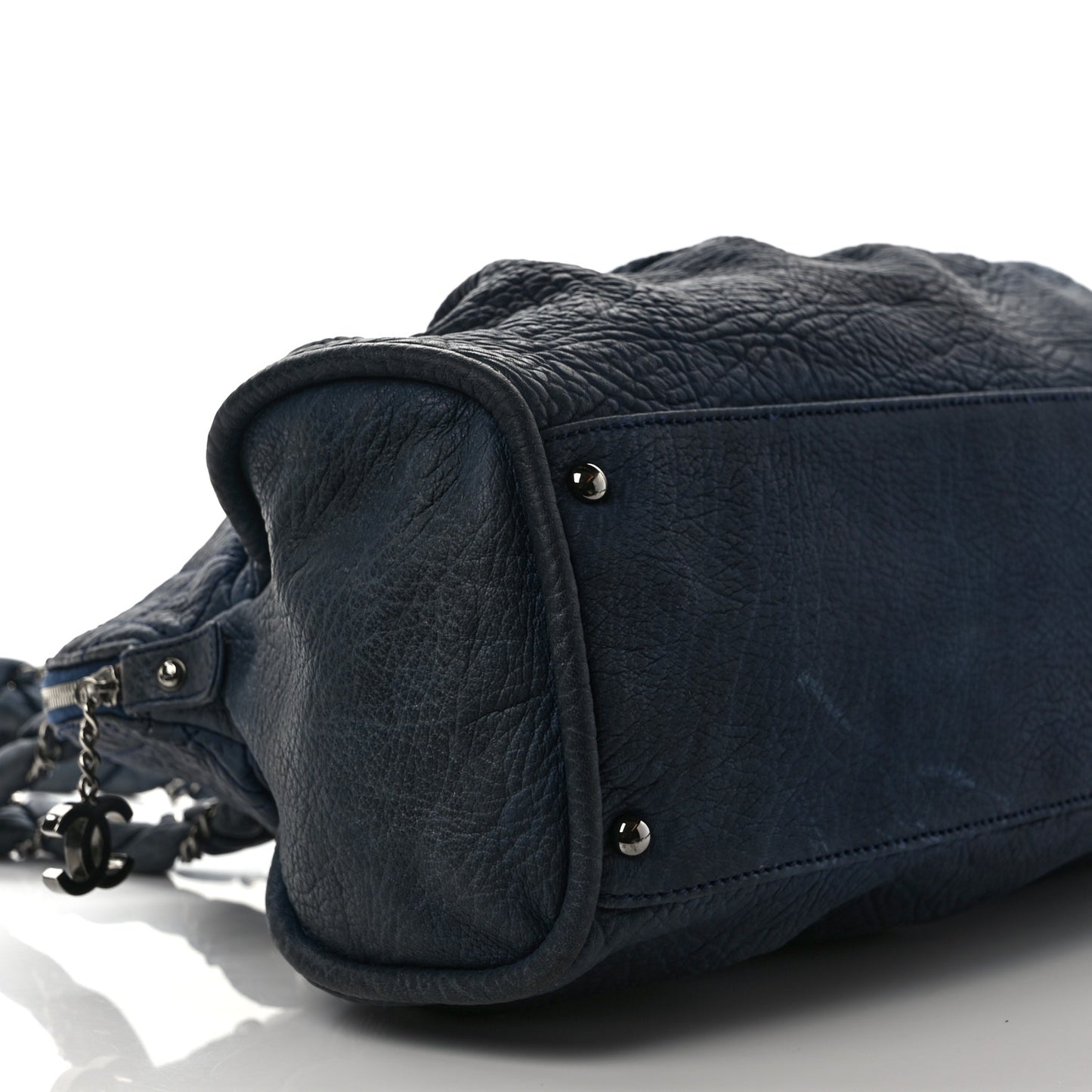 Distressed Lambskin Lady Braid Large Satchel Dark Blue