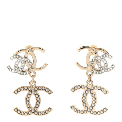 Chanel Crystal Pearl Double CC Drop Earrings Gold Silver 2 of 4