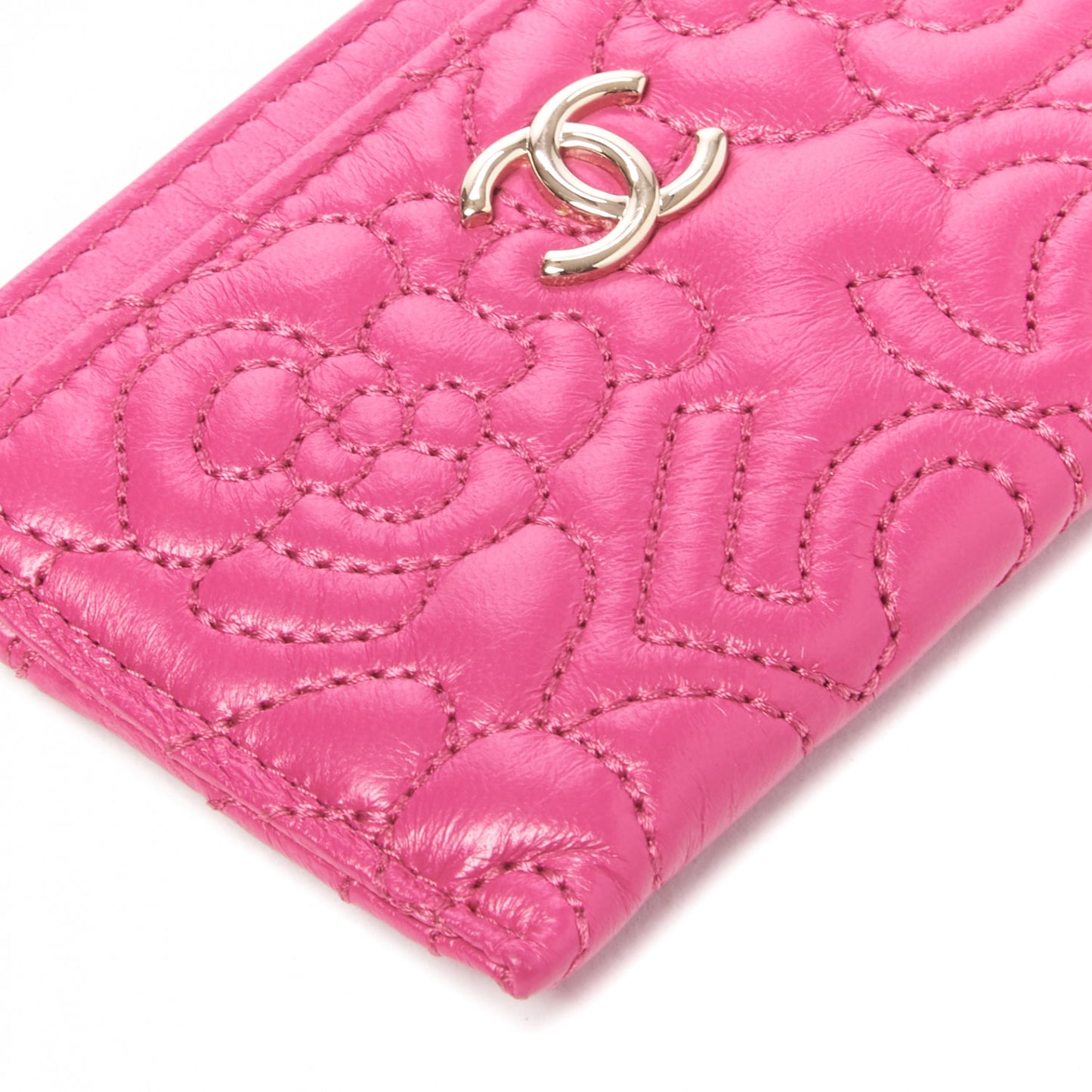 Lambskin Camellia Embossed Card Holder Fuchsia