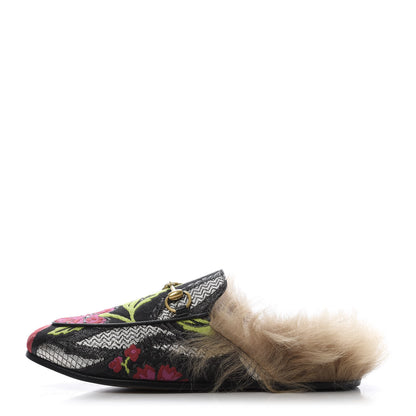 Gucci Brocade Fur Floral Womens Princetown Slippers 35 Black Anthracite 1 of 10