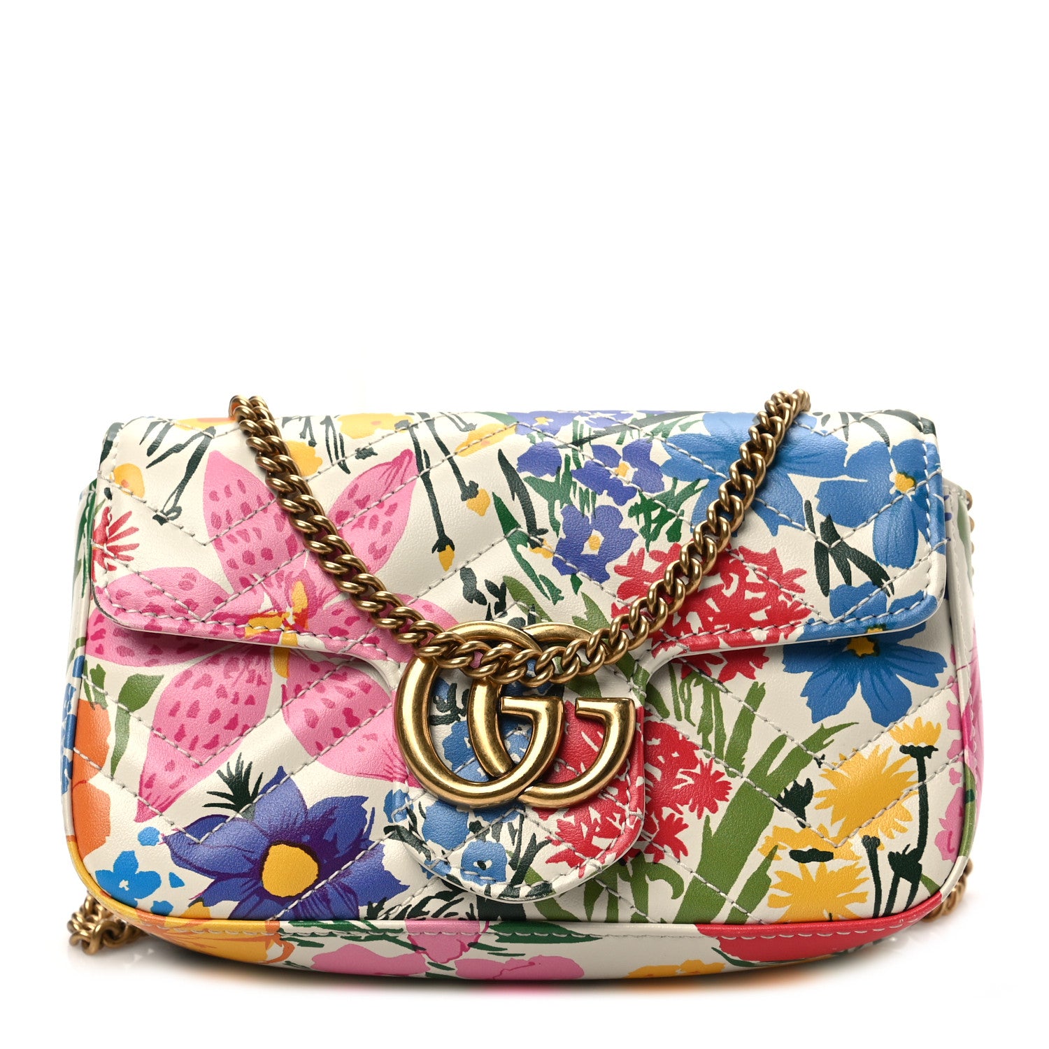 Gucci X KEN SCOTT Calfskin Matelasse Floral Print Super Mini GG Marmont Shoulder Bag Ivory Pink 1 of 8