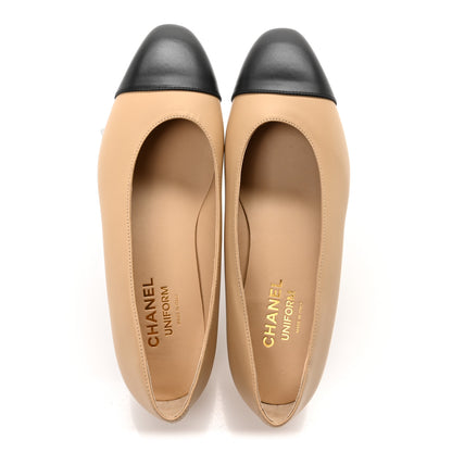 Chanel Lambskin Cap Toe CC Uniform Ballerina Flats 37.5 Beige Black 2 of 8