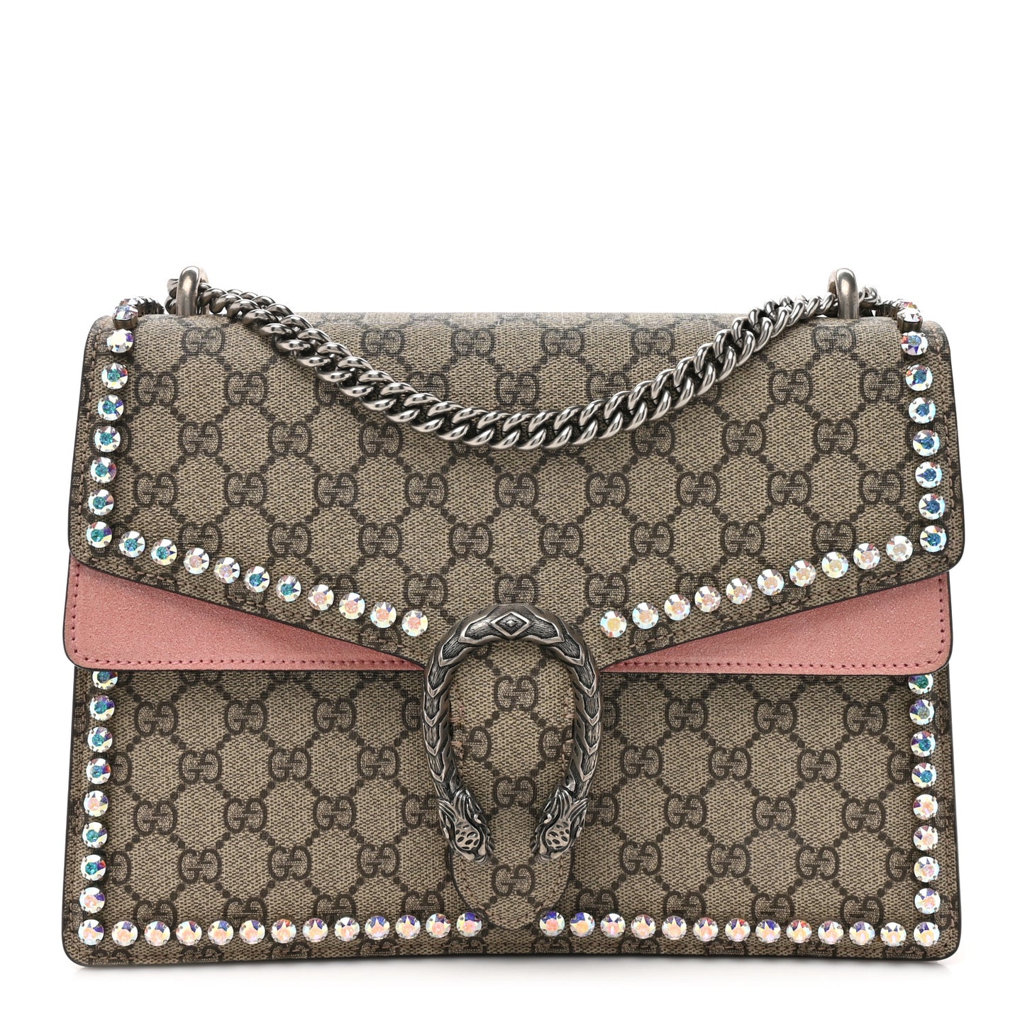GG Supreme Monogram Suede Crystal Medium Dionysus Shoulder Bag Beige Ebony Light Peonia