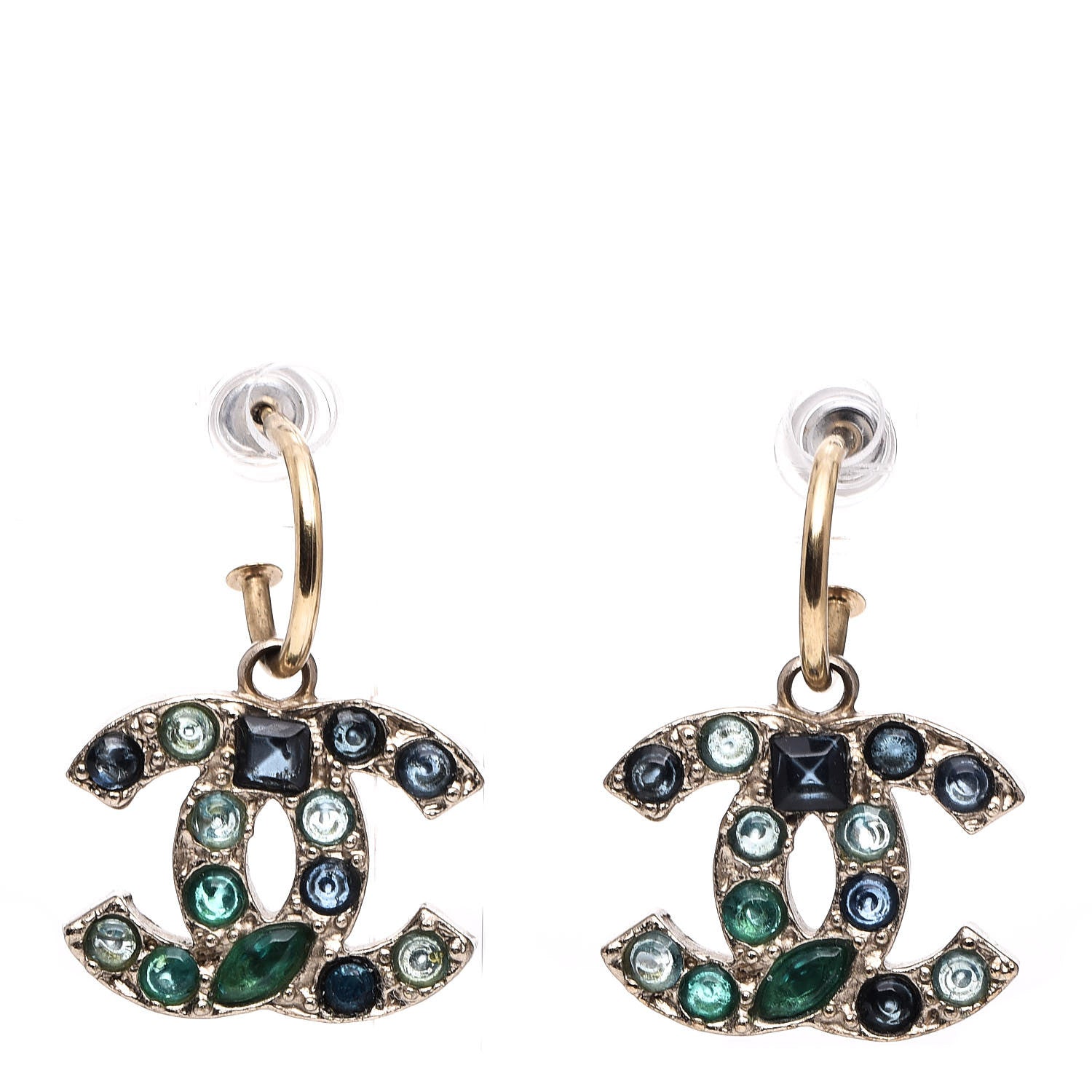 Chanel Crystal CC Dangle Earrings Dark Blue Gold 1 of 5