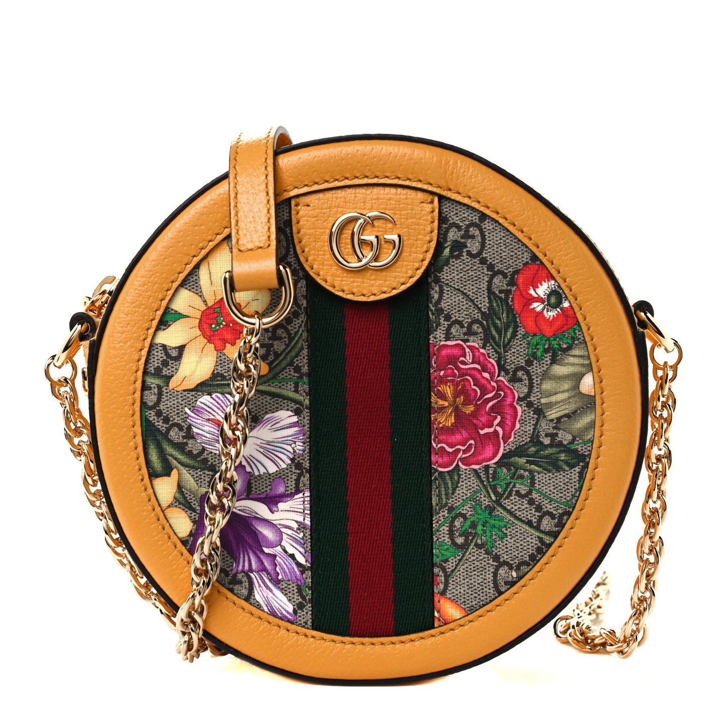 GG Supreme Monogram Flora Web Mini Ophidia Round Shoulder Bag Beige Multicolor Crop