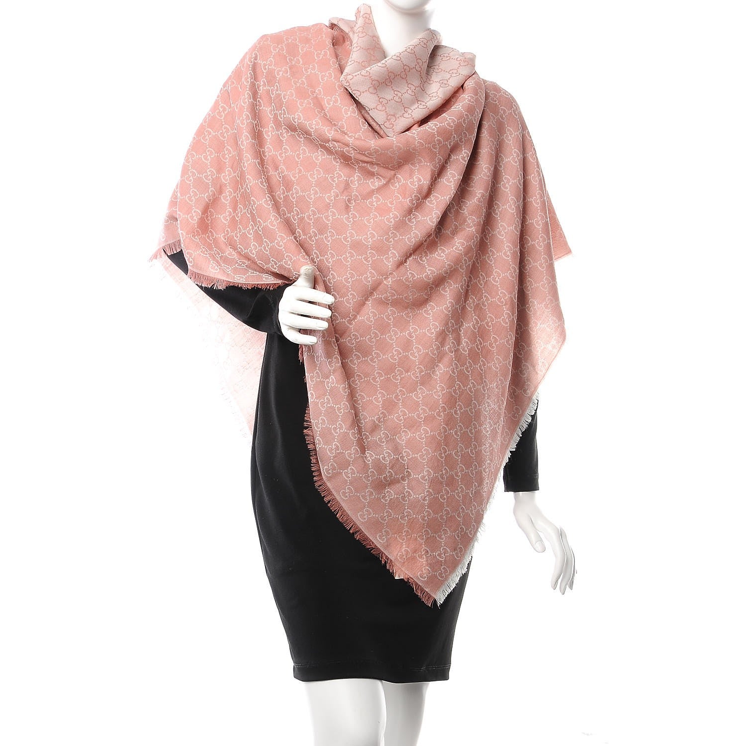 Gucci Wool Silk Monogram GGWeb Fringe Shawl Rose Ivory 2 of 5