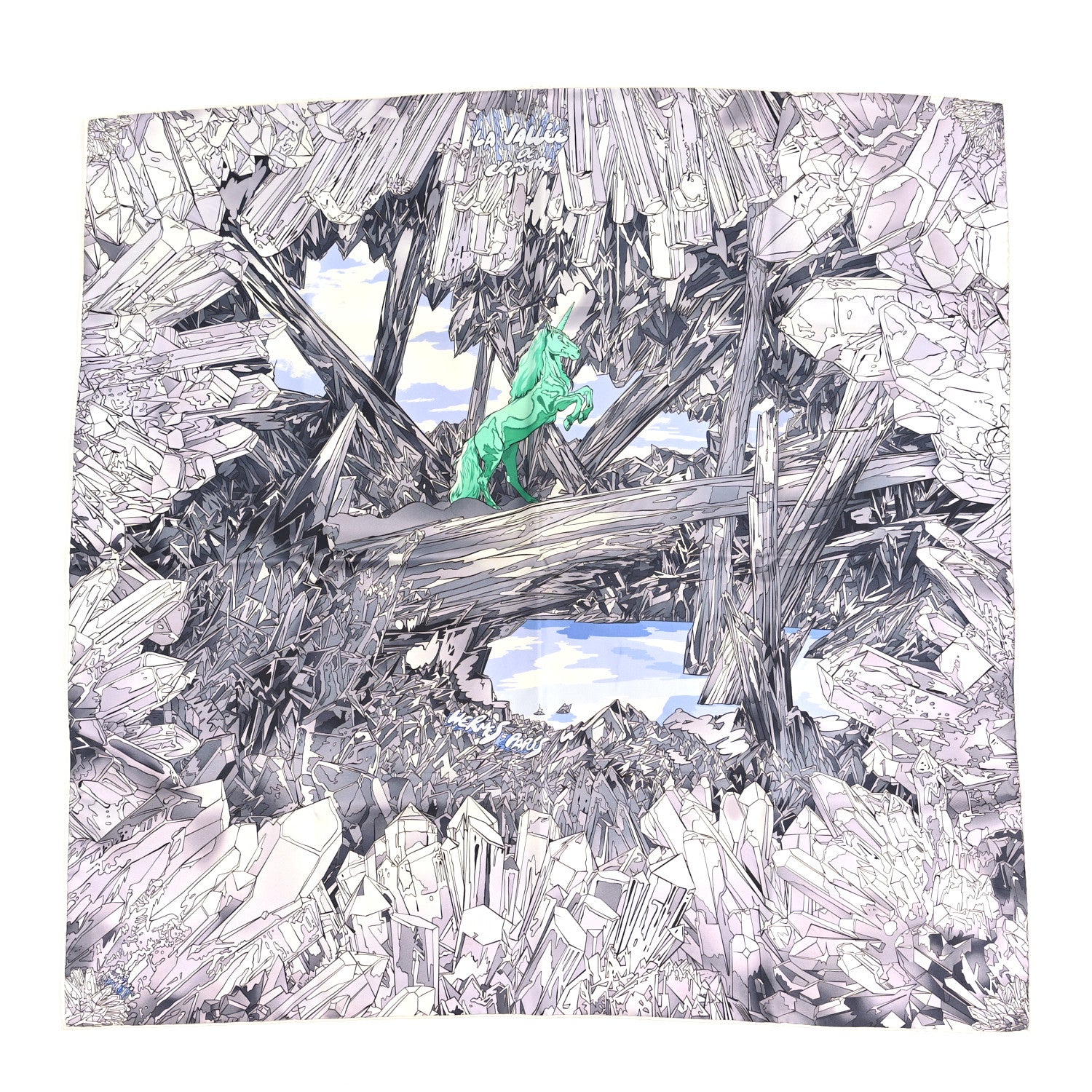 Hermes Silk La Vallee de Cristal 90 Shawl Gris Parme Menthol 1 of 5