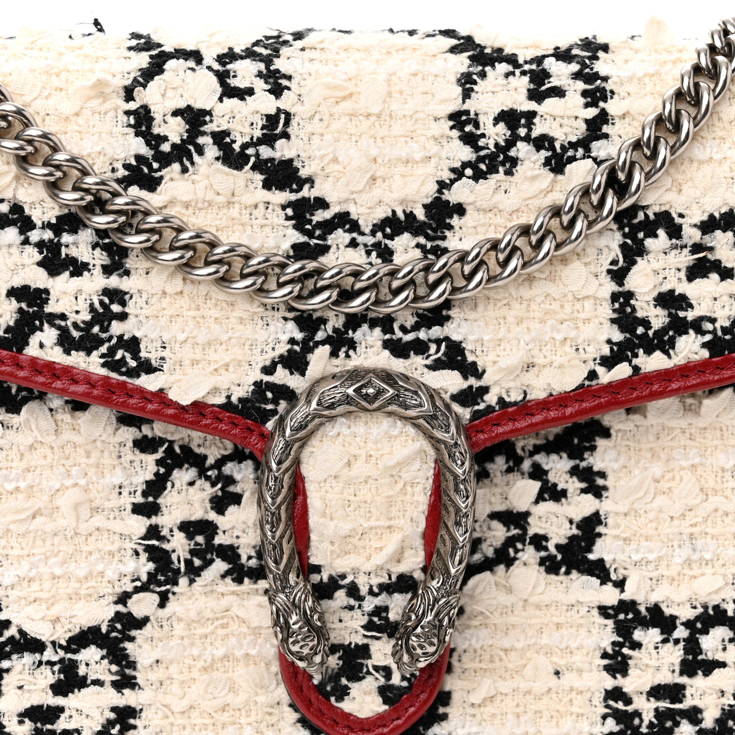 Tweed GG Monogram Mini Dionysus Chain Wallet White Black Romantic Cherry