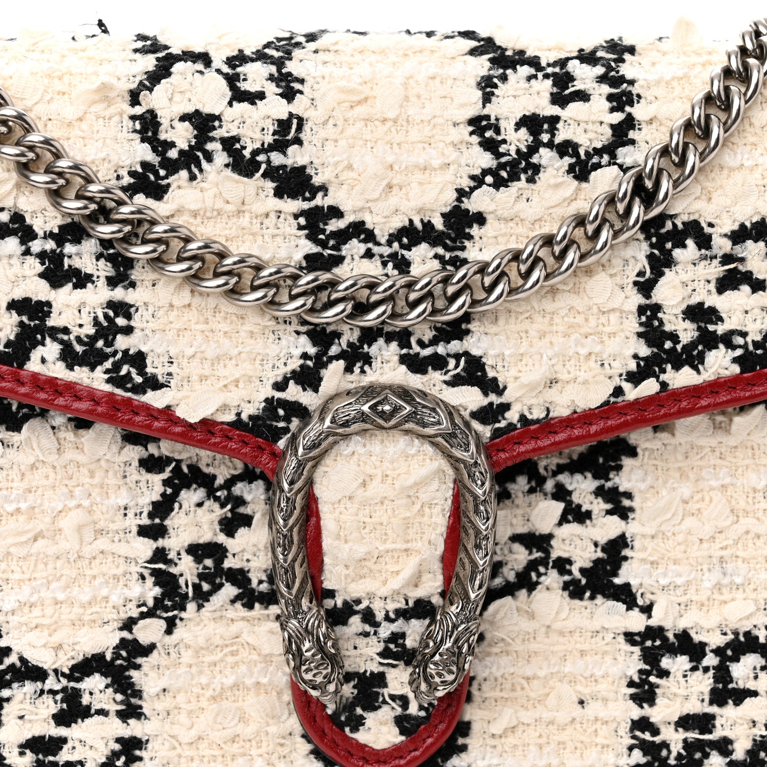 Gucci Tweed GG Monogram Mini Dionysus Chain Wallet White Black Romantic Cherry 8 of 11