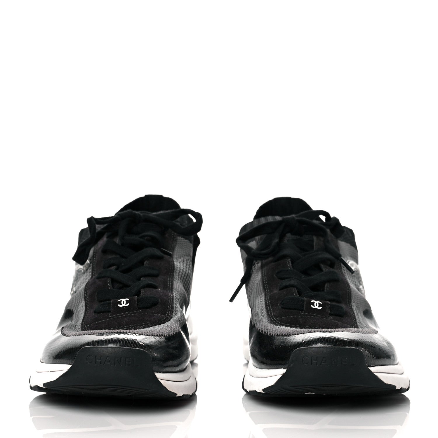Chanel Fabric Calfskin Suede Mens CC Sneakers 45 Black Grey 2 of 8