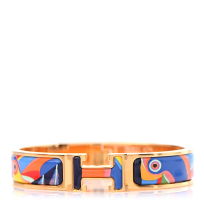 Hermes Enamel Narrow Toucans De Paradis Print H Lift Clic Clac H Bracelet PM Indigo Multicolor 1 of 3