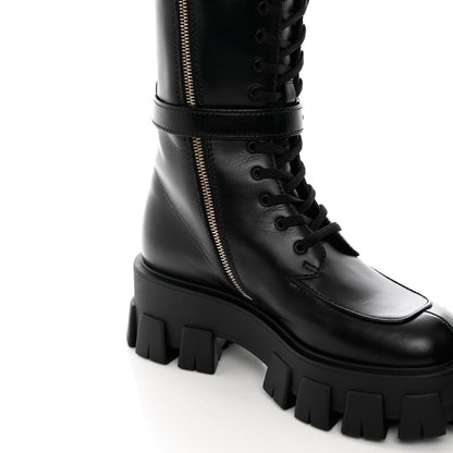 Prada Vitello Lux Nylon Metal Triangle Logo Monolith Pouch Pocket 55mm Tall Combat Boots 35.5 Black 11 of 12