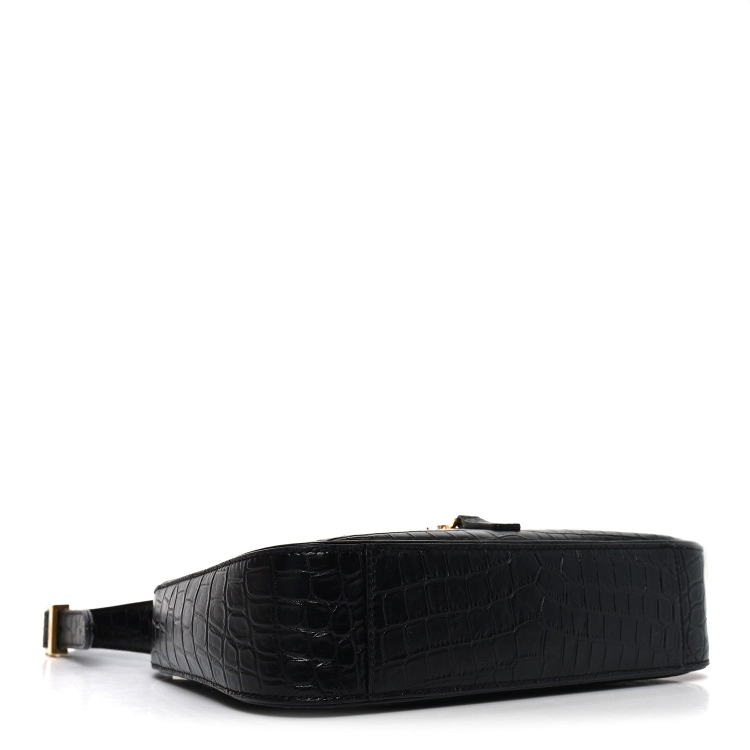 Saint Laurent Calfskin Crocodile Embossed Le 5 A 7 Hobo Black 4 of 10