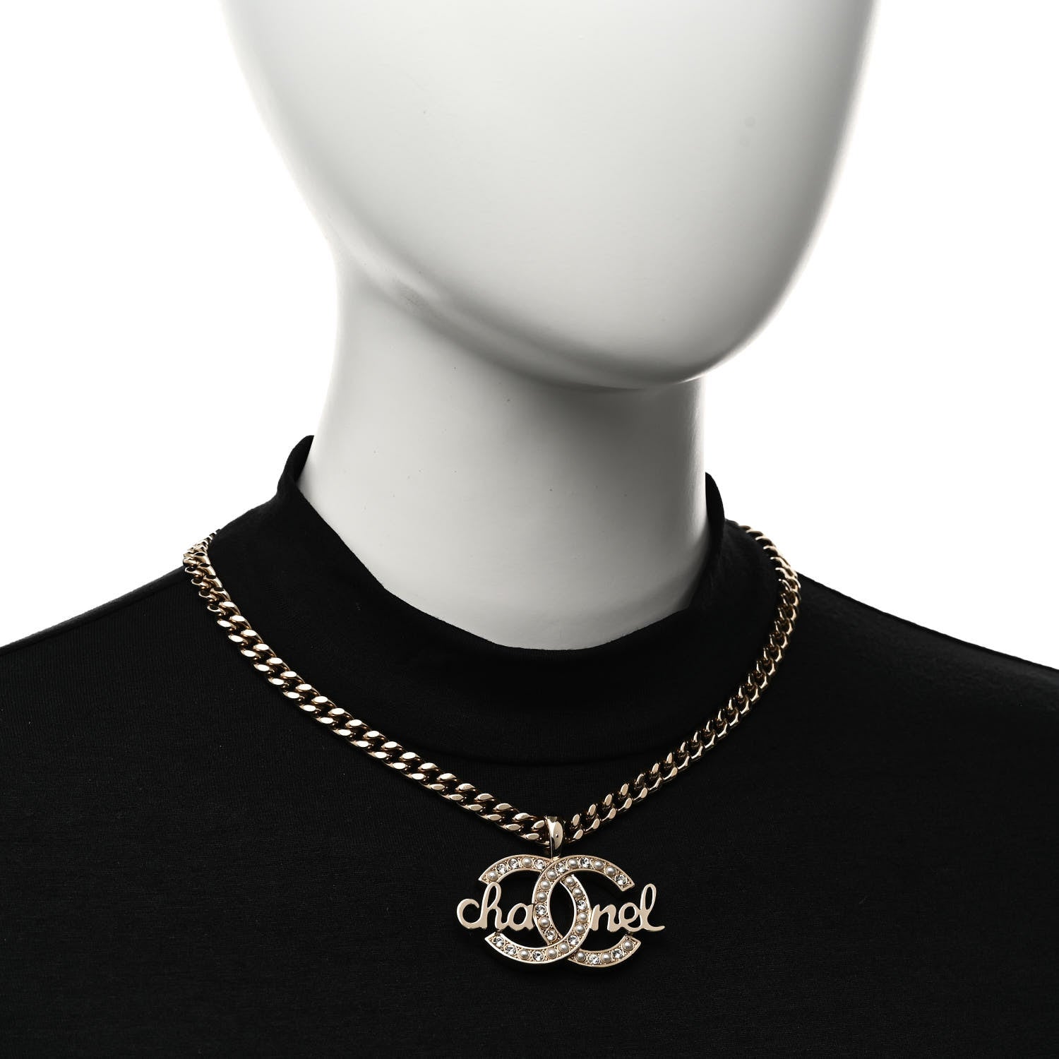 Chanel Metal Crystal Pearl Logo Chain Link CC Necklace Gold 2 of 6